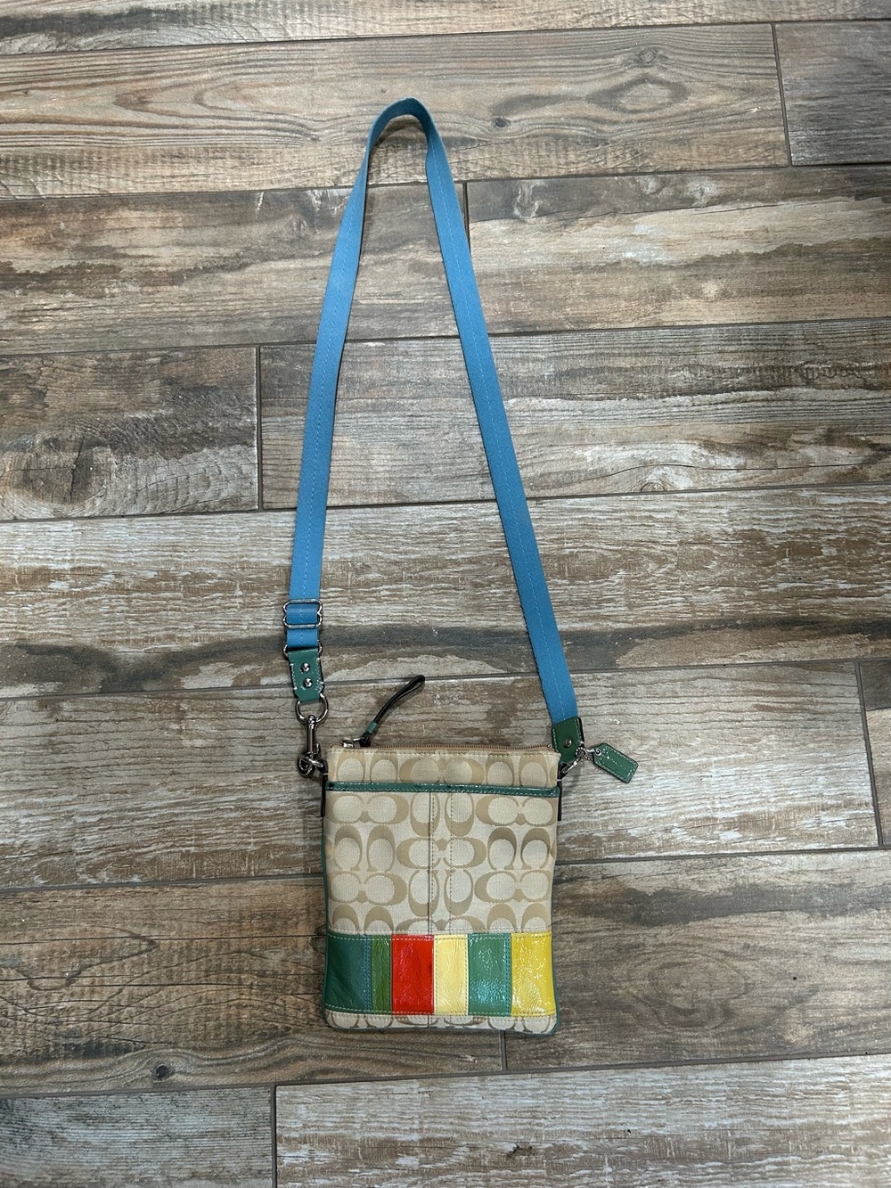 Coach Beige Signature Crossbody with Multicolor Leather Panels and Blue Strap - Picture 2 of 13